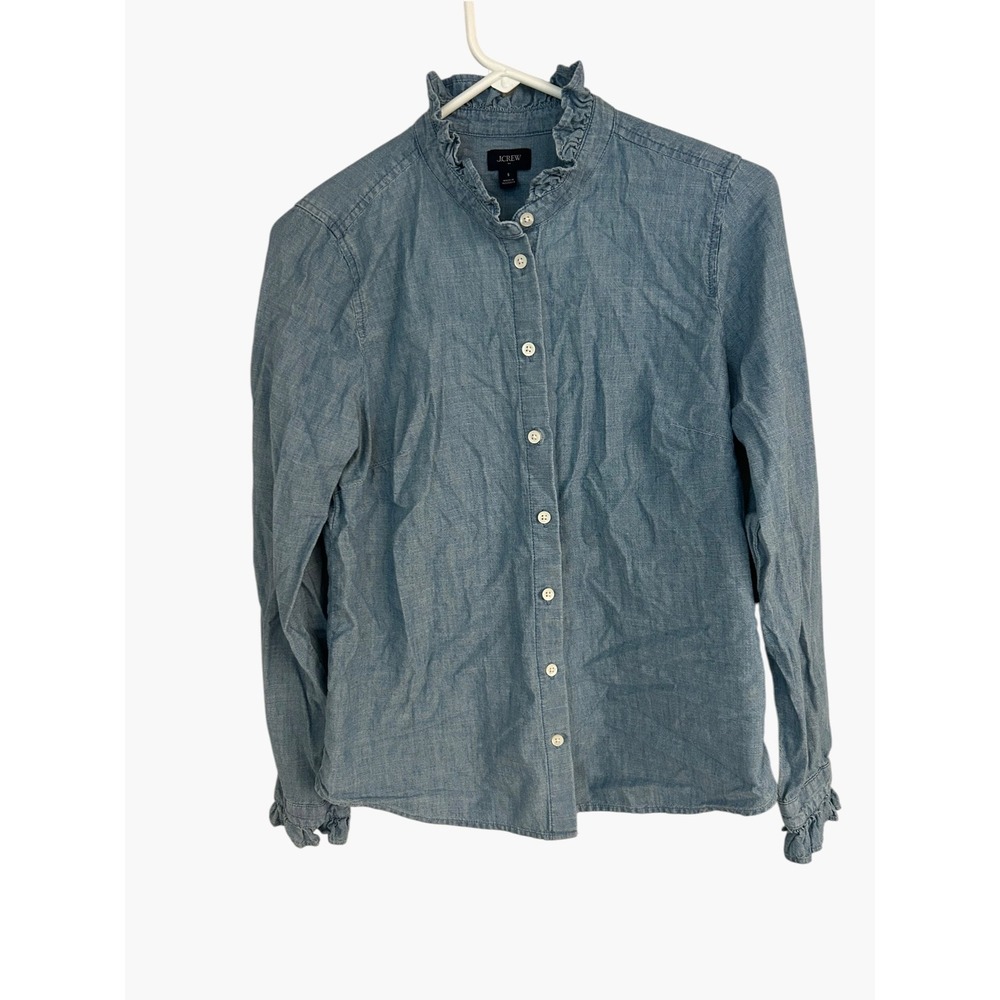 J.Crew Womens Blue Chambray Ruffle Neck Button Down Shirt Long Sleeve Small
